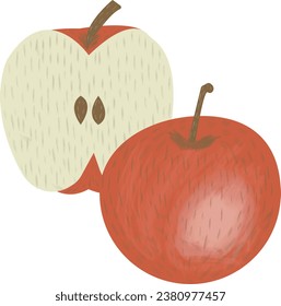 Illustration: a red apple and half an apple, a fruit created in digital graphics. Suitable for creating patterns, decorating business cards, booklets, for printing and websites.
