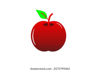 Illustration of a red apple. The apple has a small green leaf detail on top and a curved red stem. Suitable for graphic, icon, or design element needs.