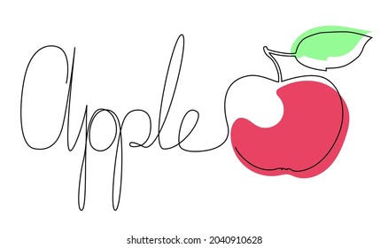 Ilustración de una manzana roja con una hoja. Una ilustración de línea continua con letras - manzana escrita. Ilustración vectorial de material aislada en un fondo blanco.