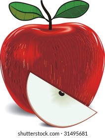 illustration of red apple and leaves	