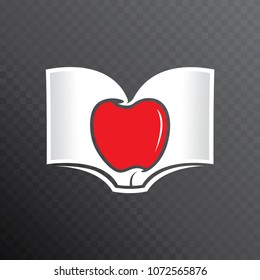 Illustration Of Red Apple On An Open Book, Vector Fruit Logo.
