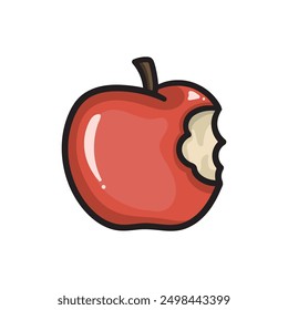 An illustration of a red apple with a single bite on a white background