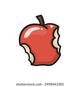 An illustration of a red apple with two bites on a white background