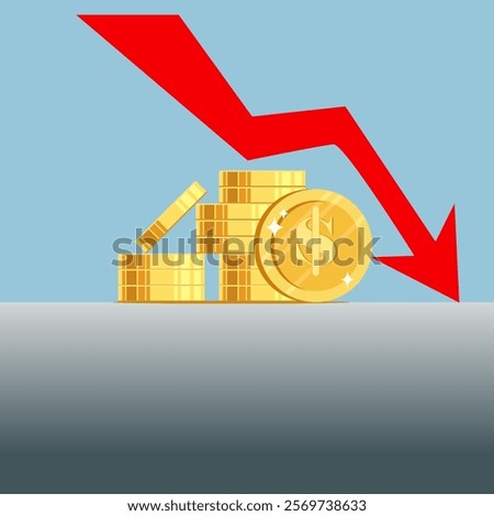 Illustration of a red arrow icon going down on the indicator. Concept of financial loss.