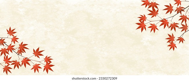 Illustration of red autumn leaves branches and leaves on beige Japanese paper background. Vector illustration.