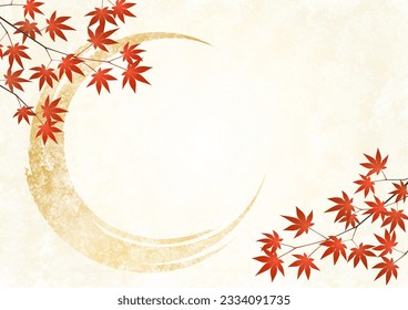 Illustration of red autumn leaves branches and leaves and brush strokes on beige Japanese paper background. Vector illustration.