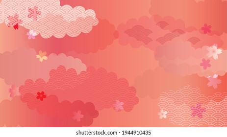 Illustration eines roten Hintergrunds mit Kirschblüten, Wolken und japanischen Mustern.