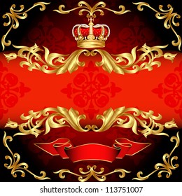  ilustración de fondo rojo patrón oro y corona
