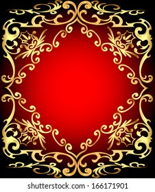 illustration of a red background is a frame with gold ornamentation