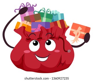 Illustration of a Red Bag or Sack Mascot Full of Gifts Putting More Inside