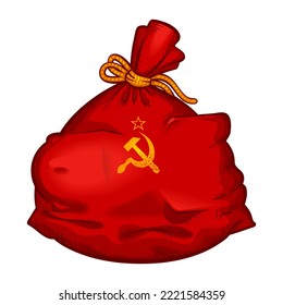 Ilustración de una bolsa roja con una bomba atómica soviética. Símbolo de la Unión Soviética en una bolsa roja. Regalo de Navidad o Año Nuevo. Isolación en la ilustración de la caricatura del vector blanco