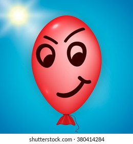 Illustration of the red balloon looking evil over a blue sky and sun background