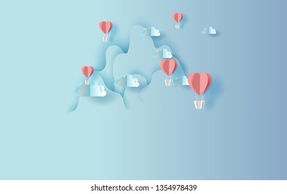 illustration of red balloons heart floating with Mountains landscape view scene place for your love text space background.Valentine's day concept.Paper cut and craft style vector for greeting card