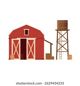 Illustration of a red barn next to a tall wooden water tower highlighting the classic rural farm building and reflecting agricultural life and tranquility.