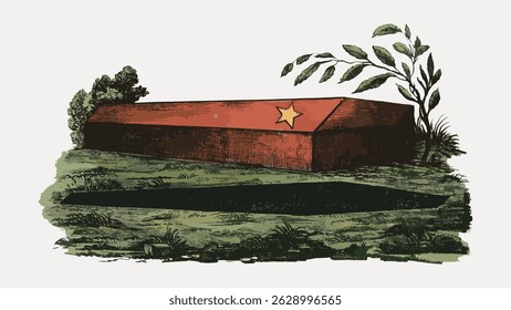 Illustration of a red barn with a star on the roof, surrounded by trees and grass. Rustic barn setting with a star, emphasizing rural and farm themes. Vintage art illustration vector.