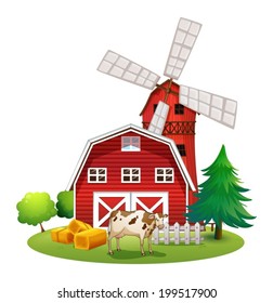 Illustration of a red barnhouse at the farm on a white background