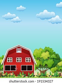 Illustration of a red barnhouse near the trees