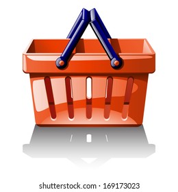 illustration of red basket for shoping view from left side with shadow and black handle