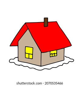 An Illustration of a red and beige house isolated on a white background for a coloring book
