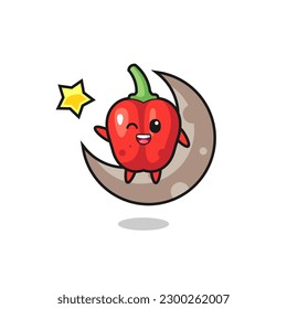 illustration of red bell pepper cartoon sitting on the half moon , cute style design for t shirt, sticker, logo element