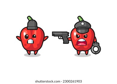 illustration of red bell pepper robber with hands up pose caught by police , cute style design for t shirt, sticker, logo element