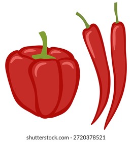 Ilustração de um pimentão vermelho e dois pimentões vermelhos com aspecto brilhante fresco, representando ingredientes condimentados e vegetais saudáveis.