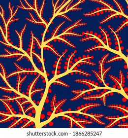 Illustration with red berries on golden branches