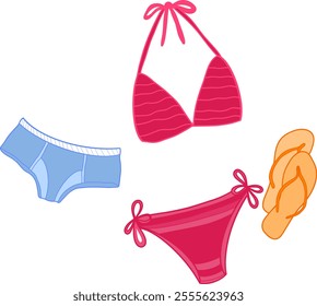 Illustration of a red bikini, blue shorts, and orange flip flops in a simple, colorful style on a white background. For summer or beach designs. 