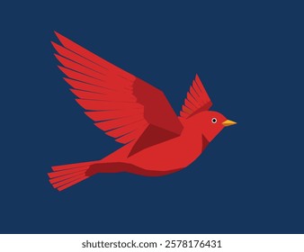 Illustration of a red bird flapping its wings in front of a blue background