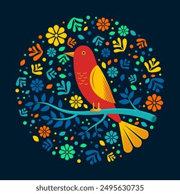 Illustration of a red bird on a branch with flowers and leaves around it. The dark blue background contrasts with the bright colors, creating a beautiful scene that celebrates nature.
