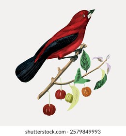 Illustration of a red and black bird perched on a branch with colorful berries and leaves. The bird's vibrant red feathers contrast with the black wings. Vintage bird illustration vector.