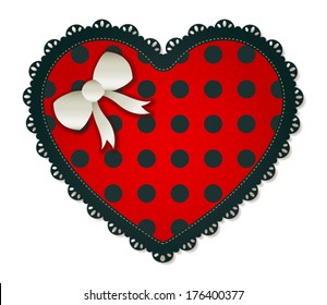 Illustration of a red & black heart textile patch. Accented with a small white bow. Eps 10 Vector.