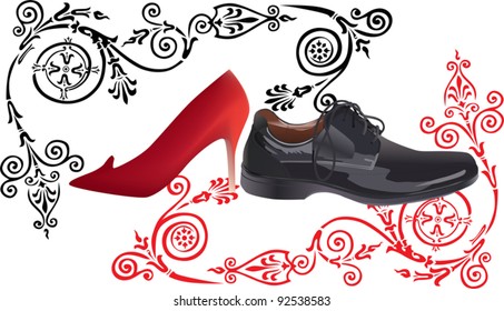 illustration with red and black shoes on decorated background