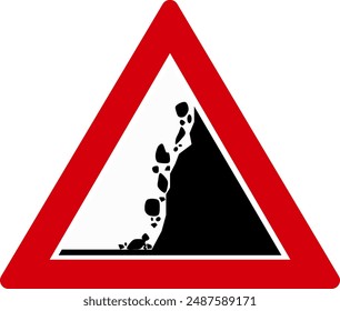 Illustration of red, black and white colored rockfall warning road sign. Illustration made July 11th, 2024, Zurich, Switzerland.