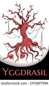 illustration of  red and black Yggdrasil world tree from scandinavian mythology on white background