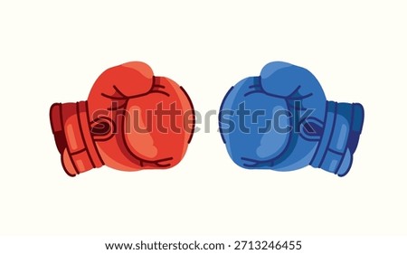 Illustration of red and blue boxing gloves, two boxing gloves colliding, concept of sports and fighting competition.