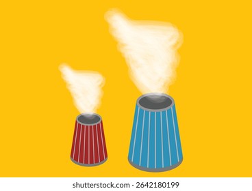 Illustration of Red and Blue Chimneys Emitting Smoke on Yellow Background