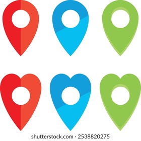 Illustration of red, blue and green map pin icons and heart shaped location pin in few variations