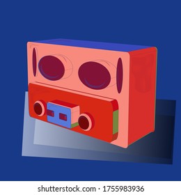 Illustration in red, blue and pink colors. 3D. 1970s style. Radio radio isolated on background. Vector illustration.