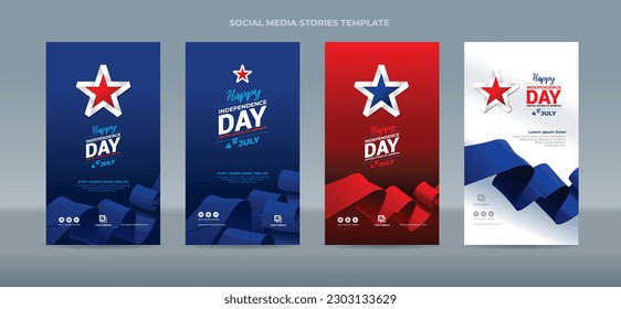 Illustration red and blue ribbon waving on gradation background. greeting Happy 4 July United State of America Independence Day - Stories Social Media Post Template