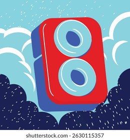 Illustration of a red and blue speaker with two light blue circles against a cloudy sky background