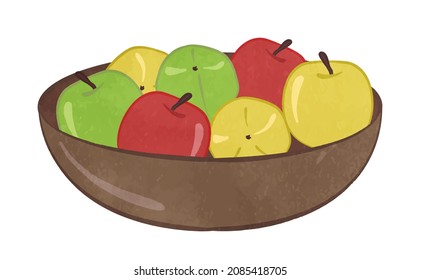 Illustration Of Red, Blue And Yellow Mixed Apples On A Wooden Plate