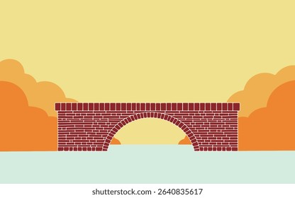 Illustration of a red brick arch bridge against a yellow and orange sky. Simple, clean design with a vintage feel.
