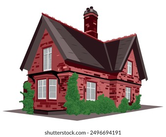 illustration red brick house with bushes without background