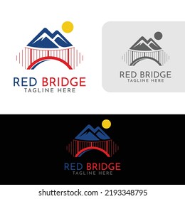 Illustration of a red bridge logo in front of a blue mountain