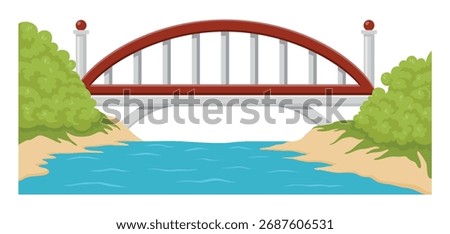An illustration of a red bridge over a river surrounded by green vegetation on a sunny day demonstrates a vibrant landscape.
