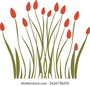 Illustration of red buds on green stems. Perfect for spring floral decorations, garden artwork, or nature scenes.