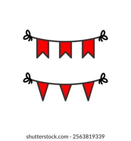 Illustration of red bunting flags showcasing unique shapes, suitable for decoration, celebration, and festive events. Perfect for representing party decor, and event planning graphics needs.