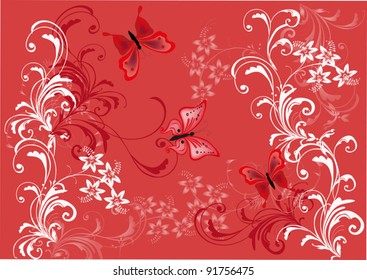 illustration with red butterflies in curled background