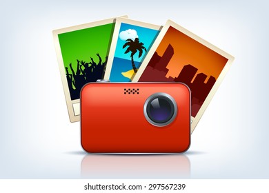 illustration of red camera with three photos on back